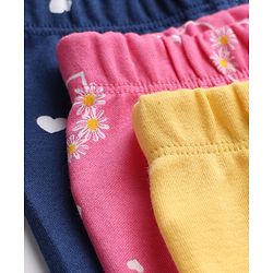 Babyhug 100% Cotton Knit Full Length Hearts & Floral Printed Bootie Leggings Pack Of 3 - Pink Navy Blue & Yellow