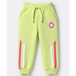 Babyhug Cotton Looper Knit Jogger Fit Full Length Track Pant with Flower Patch in Lime Green