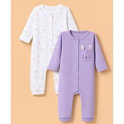 Babyhug Interlock Knit 100% Cotton Full Sleeves With Floral & Polka Dot Print Rompers Pack of 2 - White & Purple