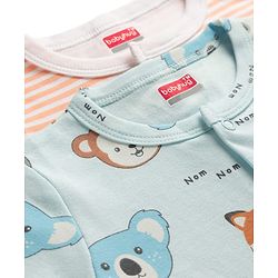 Babyhug 100% Cotton Interlock Knit Full Sleeves Striped Rompers With Animal Print Pack of 2 - Peach & Blue