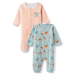 Babyhug 100% Cotton Interlock Knit Full Sleeves Striped Rompers With Animal Print Pack of 2 - Peach & Blue