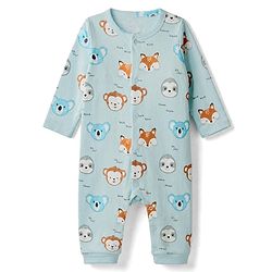 Babyhug 100% Cotton Interlock Knit Full Sleeves Striped Rompers With Animal Print Pack of 2 - Peach & Blue