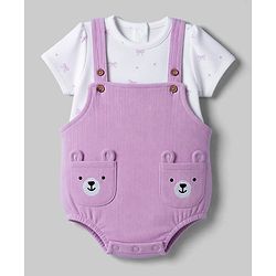 Babyhug 100% Cotton Interlock Knit Half Sleeves Onesies With Inner Tee & Bow Print - Lilac