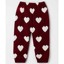 Babyhug Knit Full Length & Woollen Bottom with Hearts Print in Maroon