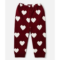 Babyhug Knit Full Length & Woollen Bottom with Hearts Print in Maroon