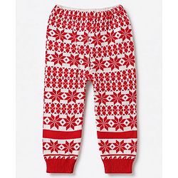 Babyhug Knit Full Length Fleece & Woollen Bottomwear With Floral Design - Red