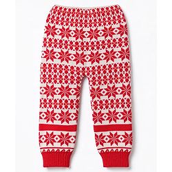 Babyhug Knit Full Length Fleece & Woollen Bottomwear With Floral Design - Red