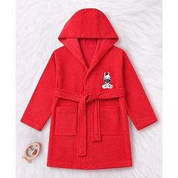Babyhug Knit Full Sleeves Front Open Bathrobe With Zebra Embroidery - Red