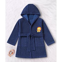 Babyhug Knit Full Sleeves Front Open Bath Robe With Lion Embroidery - Navy