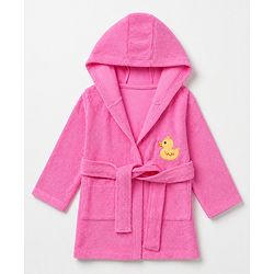 Babyhug Knit Full Sleeves Front Open Hooded Bathrobe With Duck Patch - Pink