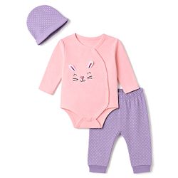 Babyhug 100% Cotton Interlock Knit Full Sleeves Bunny Applique Onesie With Leggings & Cap - Pink & Purple