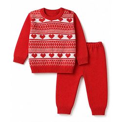 Babyhug Knit Full Sleeves Set with Heart design - Red