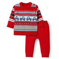 Babyhug Knit Full Sleeves Sweater Set with Truck Design - Red