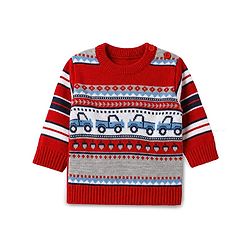Babyhug Knit Full Sleeves Sweater Set with Truck Design - Red