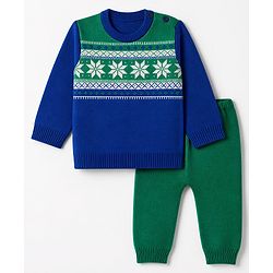 Babyhug Knit Full Sleeves Sweater Set with Floral Design - Blue