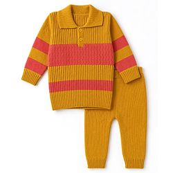 Babyhug Knit Full Sleeves Striped Sweater Set -Mustard