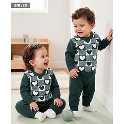 Babyhug Knit Full Sleeves Sweater Set With Heart Design - Dark Green