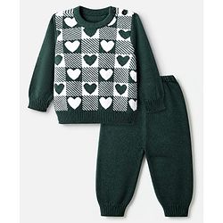 Babyhug Knit Full Sleeves Sweater Set With Heart Design - Dark Green