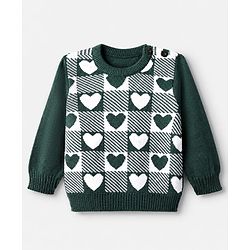 Babyhug Knit Full Sleeves Sweater Set With Heart Design - Dark Green