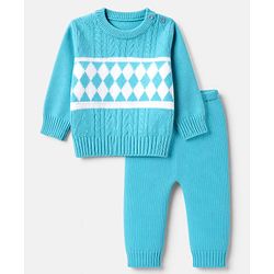 Babyhug Knit Full Sleeves Sweater Set with Cable Knit & Geometrical Design - Aqua Blue