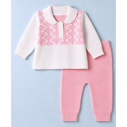 Babyhug Knit Full Sleeves Sweater Set with Abstract Design - Pink
