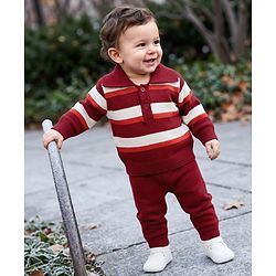 Babyhug Knit Striped Sweater Set with Full Sleeves in Maroon for 0-3 Months