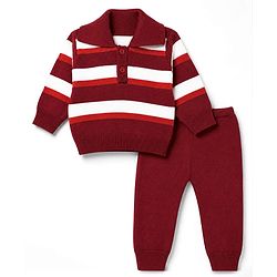 Babyhug Knit Striped Sweater Set with Full Sleeves in Maroon for 0-3 Months