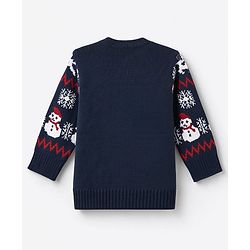 Babyhug Knit Full Sleeves Sweater Set with Snow-Man & Snow Deer Design - Navy Blue