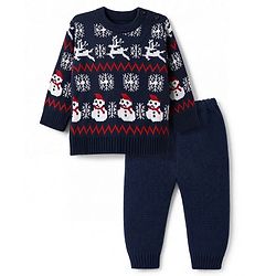 Babyhug Knit Full Sleeves Sweater Set with Snow-Man & Snow Deer Design - Navy Blue