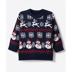 Babyhug Knit Full Sleeves Sweater Set with Snow-Man & Snow Deer Design - Navy Blue