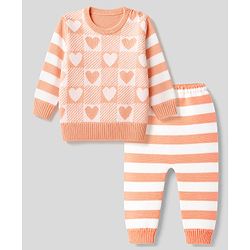 Babyhug Knit Full Sleeves Striped Sweater Set with Checks & Heart Design - Peach