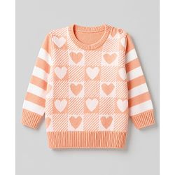 Babyhug Knit Full Sleeves Striped Sweater Set with Checks & Heart Design - Peach