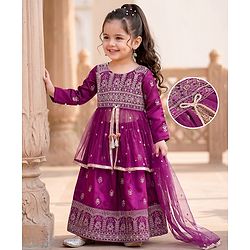 Babyhug Net Woven Full Sleeves Sequin Embroidered Longh Choli With Lehenga and Dupatta Set - Wine