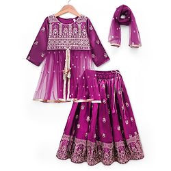 Babyhug Net Woven Full Sleeves Sequin Embroidered Longh Choli With Lehenga and Dupatta Set - Wine