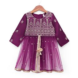 Babyhug Net Woven Full Sleeves Sequin Embroidered Longh Choli With Lehenga and Dupatta Set - Wine