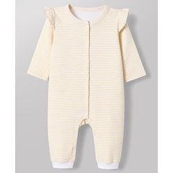 Babyhug 100% Cotton Interlock Knit Full Sleeves Striped Rompers Pack of 2 - Cream & Grey