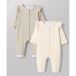 Babyhug 100% Cotton Interlock Knit Full Sleeves Striped Rompers Pack of 2 - Cream & Grey