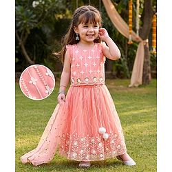 Babyhug Woven Sleeveless Embroidered Choli & Lehenga Set with Net Dupatta & Pom Pom Lace - Peach