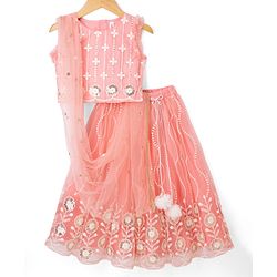 Babyhug Woven Sleeveless Embroidered Choli & Lehenga Set with Net Dupatta & Pom Pom Lace - Peach