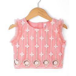 Babyhug Woven Sleeveless Embroidered Choli & Lehenga Set with Net Dupatta & Pom Pom Lace - Peach