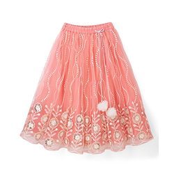 Babyhug Woven Sleeveless Embroidered Choli & Lehenga Set with Net Dupatta & Pom Pom Lace - Peach
