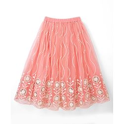 Babyhug Woven Sleeveless Embroidered Choli & Lehenga Set with Net Dupatta & Pom Pom Lace - Peach