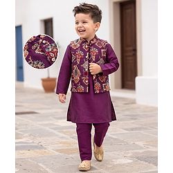 Babyhug Cotton Blend Woven Full Sleeves Solid Kurta & Pyjama Set With Embroidered Jacket - Wine