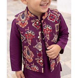 Babyhug Cotton Blend Woven Full Sleeves Solid Kurta & Pyjama Set With Embroidered Jacket - Wine