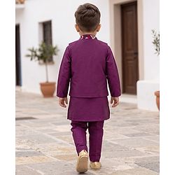 Babyhug Cotton Blend Woven Full Sleeves Solid Kurta & Pyjama Set With Embroidered Jacket - Wine