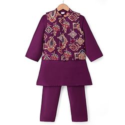 Babyhug Cotton Blend Woven Full Sleeves Solid Kurta & Pyjama Set With Embroidered Jacket - Wine