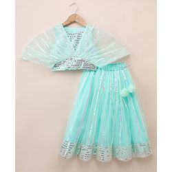 Babyhug Woven Net Half Sleeves Lehenga Choli and Dupatta with Sequins in Mint Green for 18-24 Months
