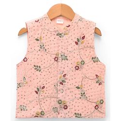 Babyhug Cotton Mix Woven Solid Kurta & Pyjama Set With Embroidered Jacket - Peach