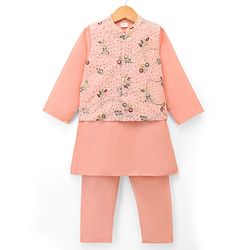 Babyhug Cotton Mix Woven Solid Kurta & Pyjama Set With Embroidered Jacket - Peach