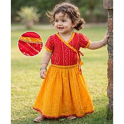 Babyhug 100% Cotton Cambric Woven Half Sleeves Bandhani Printed Choli & Lehenga Set - Red & Mustard